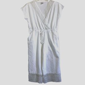 VENUS sz XL White Soft Knit Lace Trim Capri Cropped Jumpsuit Drawstring Waist